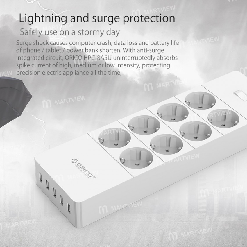 Orico HPC-8A5U 8 AC Outlets Surge Protector Power Strip with 5 USB Ports for Home Office - EU Plug
