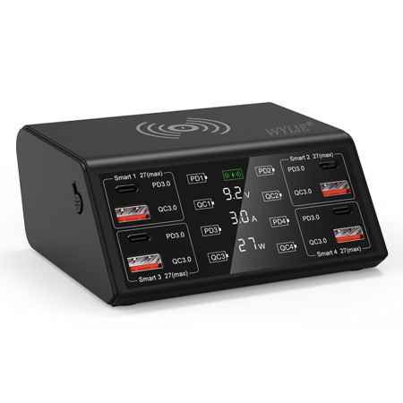 Wylie WL-838W 100W Smart Multi-Port Fast Charger Supports QC / PD Fast Charging & 15W Wireless Charging