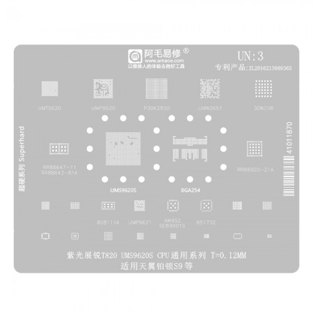 Amaoe UN:3 Unisoc T820 UMS9620S CPU General Series BGA Reballing Stencil for Skywing Patton S9