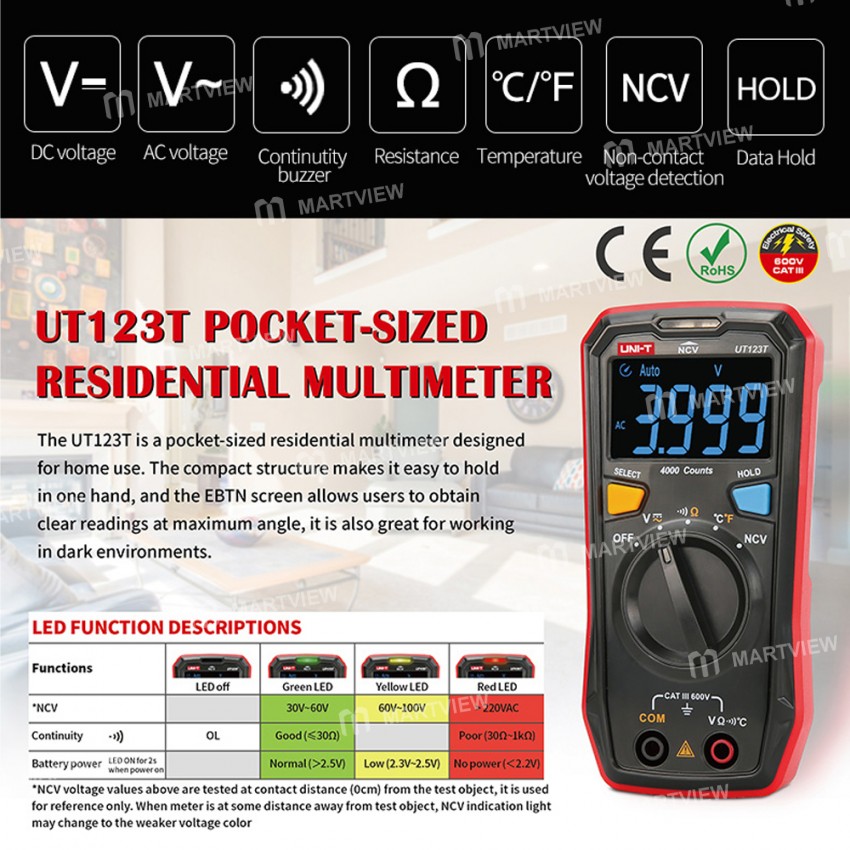 UNI-T UT123T Residential NCV Detection Mini Digital Multimeter with Color Screen