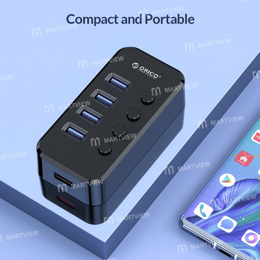 Orico SWU3-4A 4-Port High-speed USB 3.0 Split Control Hub With Power Adapter Support BC1.2 Charging