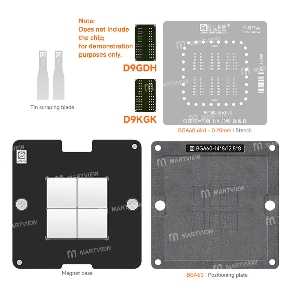 amaoe 020mm-d9gdh-d9kgk-bga60-6-in-1-memory-chips-bga-reballing-stencil-tin-plating-platform-set-2