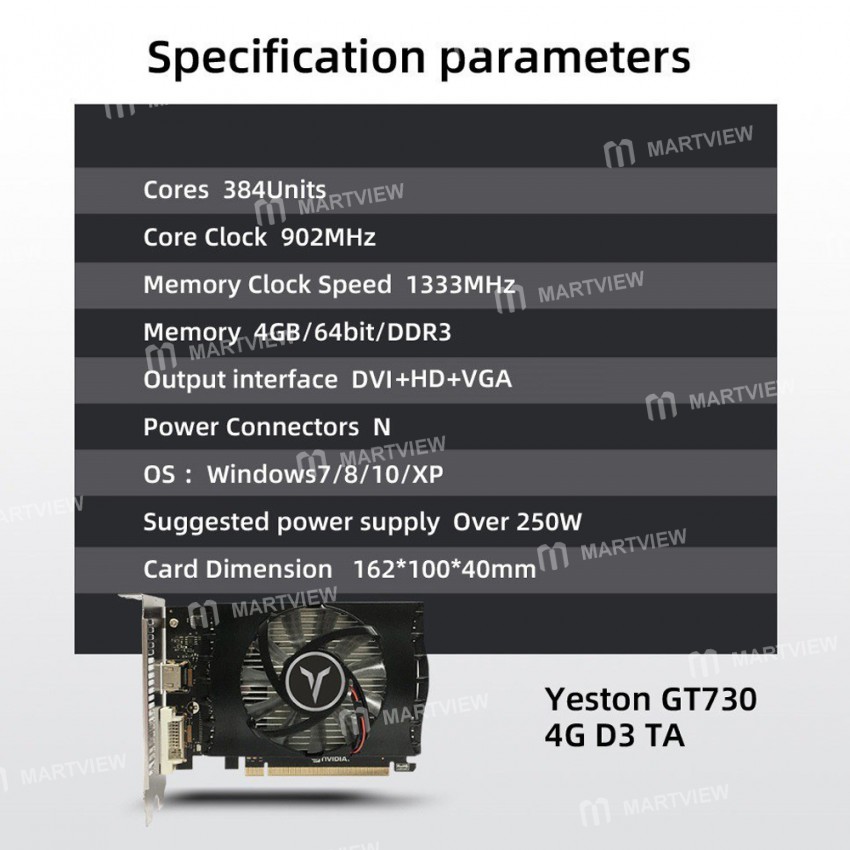 Yeston GT730-4G TA 4G / DDR3 / 64bit Memory Graphics Card with HD+DVI+VGA Output Ports for Office Ga