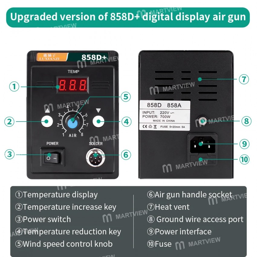 luxianzi 858d-700w-smart-sleep-lead-free-digital-display-hot-air-soldering-station-9