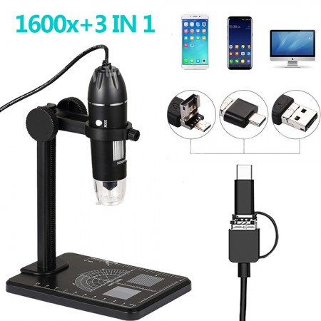 10X-1600X Handheld Portable 3in1 Digital USB Interface Electron Stereo Microscope with Adjustable Bracket