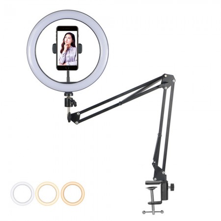 Telescopic Folding Desktop Cantilever Cell Phone Live Streaming Stand with 10-inch LED Fill Light