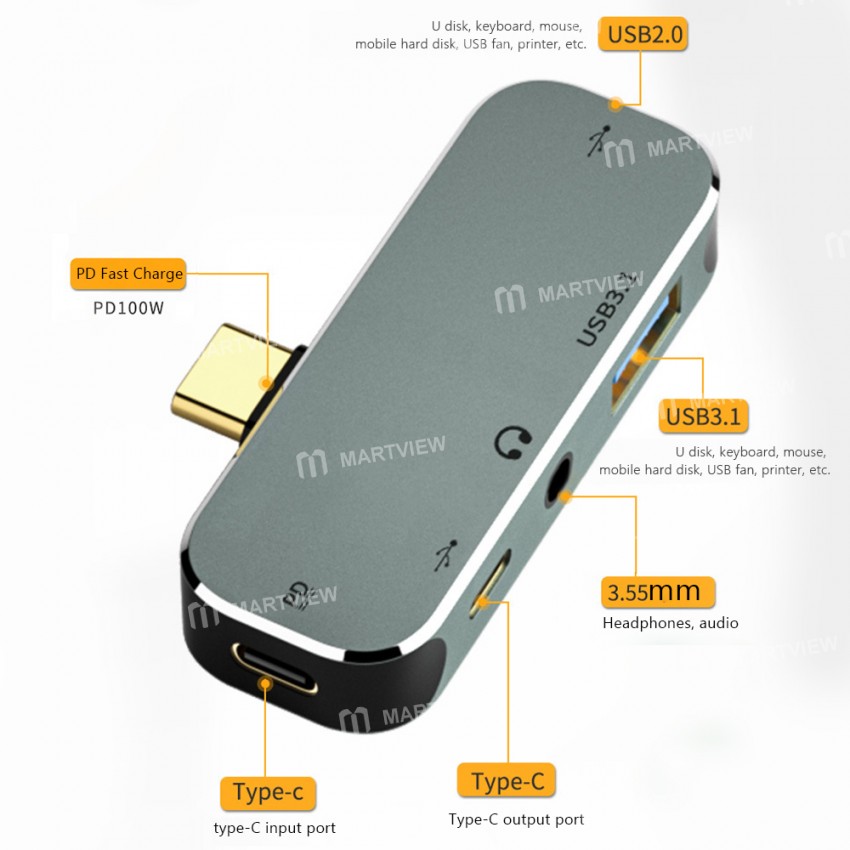 Multi-function 6-in-1 Type-C to USB3.0 Extender Hub