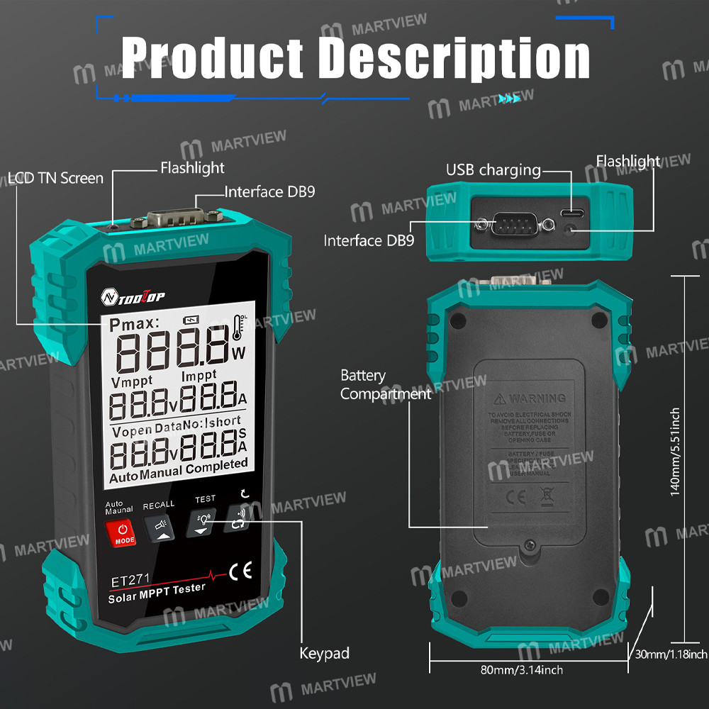 tooltop et721-rechargeable-digital-display-2000w-high-power-solar-mptt-tester-with-data-storage-func