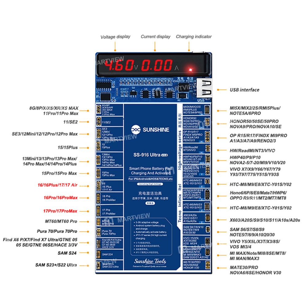 sunshine ss-916-ultra-v30-digital-display-charging-activation-board-for-iphone-6-to-17pro-max-androi