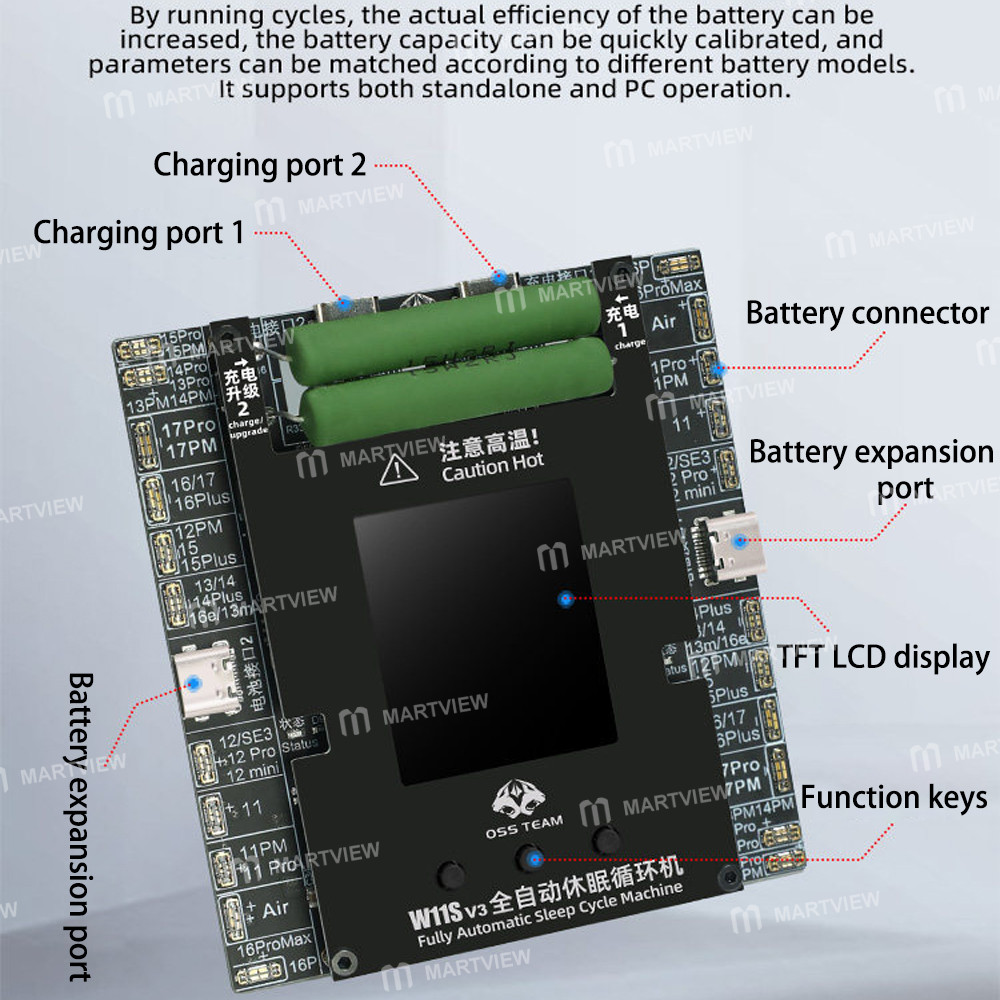 oss w11s-v3-dual-channel-automatic-battery-cycle-tester-for-iphone-11-to-17pro-max-4
