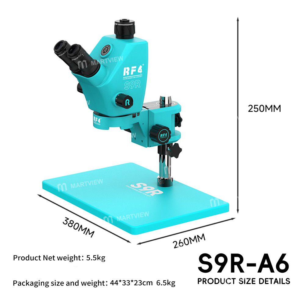 rf4 s9r-a6-7-74x-ultra-wide-field-trinocular-stereo-microscope-with-rf-a6-microscope-focusing-stand-