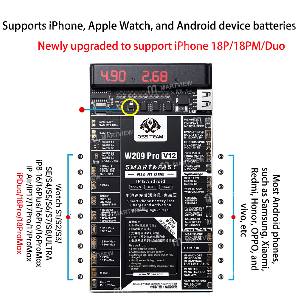 oss w209-pro-v12-battery-fast-charge-and-activation-board-for-iphone-8-18pm-duo-apple-watch-android-