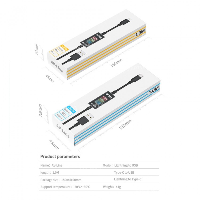 AV-Line USB Intelligent Detection Charging Cable for iPhone Samsung Huawei Real-Time Voltage and Cur