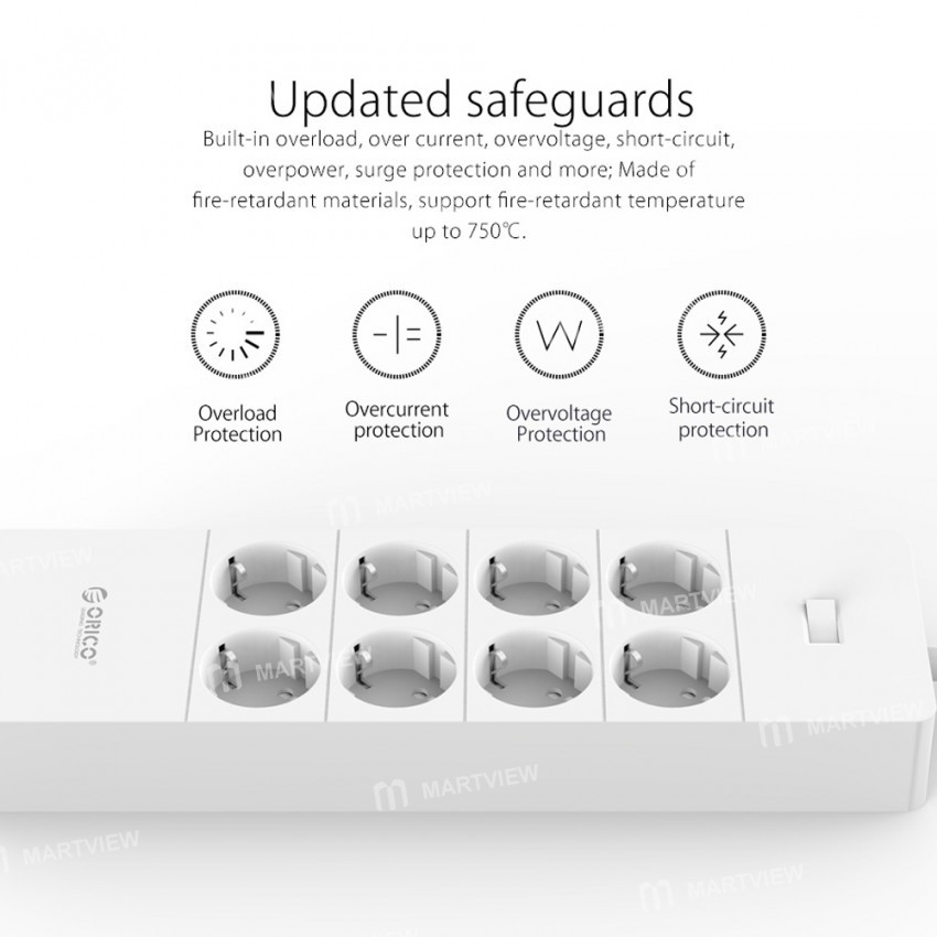 Orico HPC-8A5U 8 AC Outlets Surge Protector Power Strip with 5 USB Ports for Home Office - EU Plug