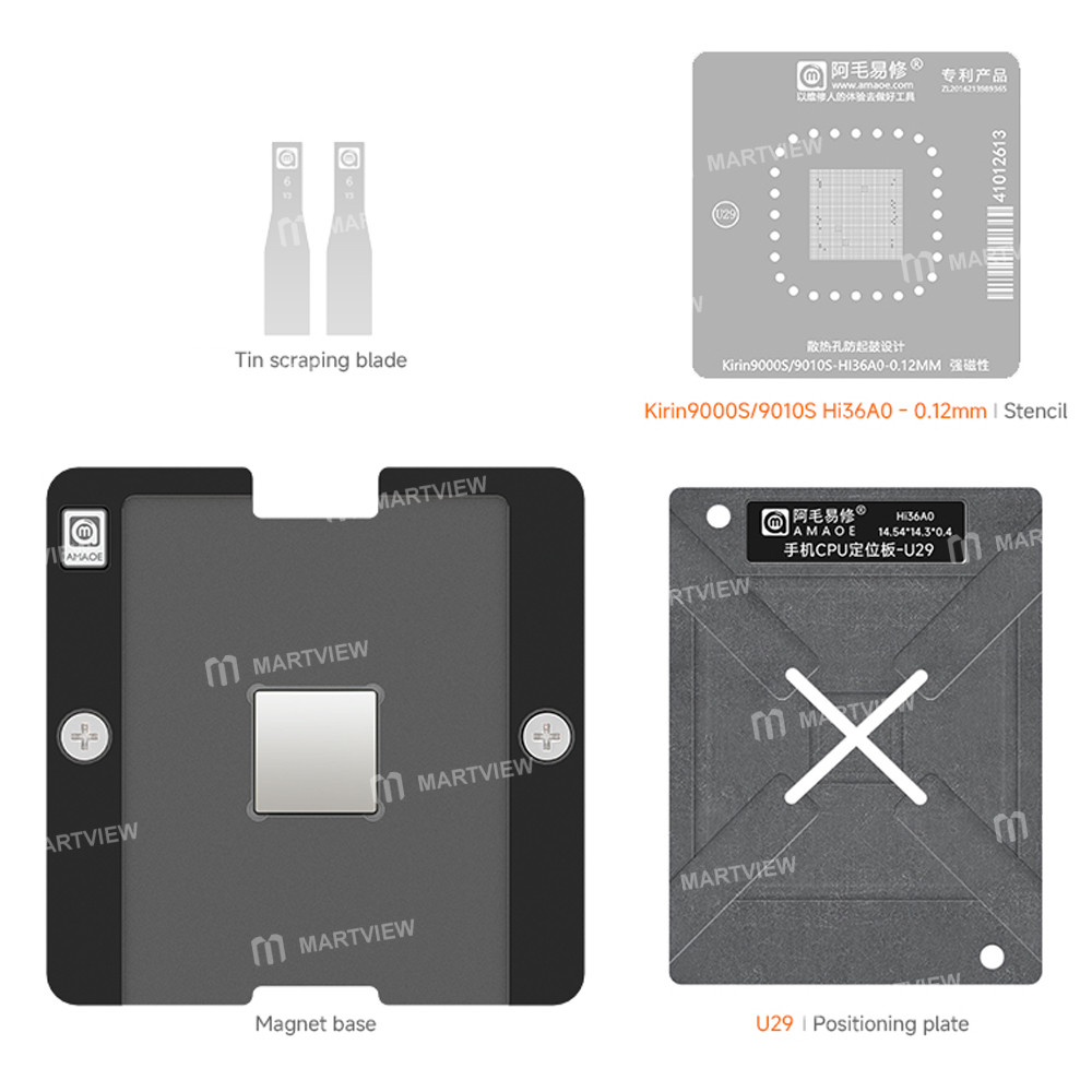 amaoe u29-012mm-cpu-bga-reballing-stencil-tin-plating-platform-set-for-hisilicon-kirin-9000s-9010s-h