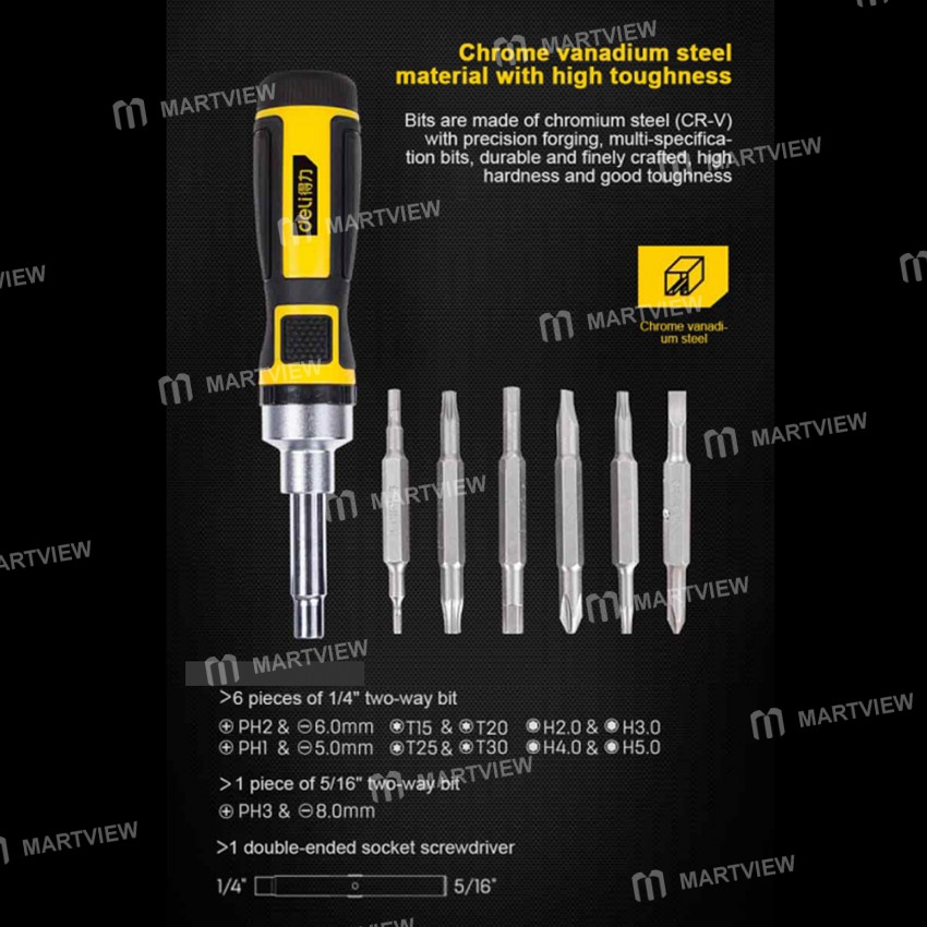 Deli DL260016 16-in-1 Three-Way Adjustable Chrome Vanadium Steel Ratchet Screwdriver
