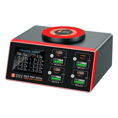 YCS-S600 155W 8-Port QC3.0+PD Digital Display Fast Desktop Charging Station with Wireless Charging