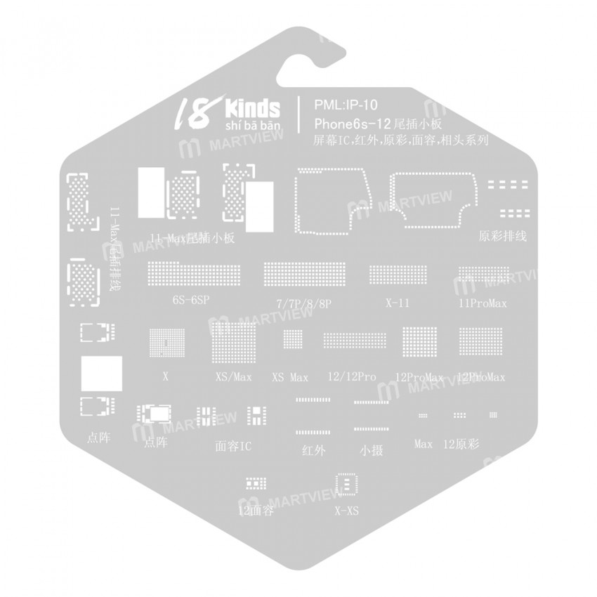 18 Kinds Chip BGA IC Reballing Stencil Kits for iPhone 6 to 13 Pro Max Screen Dot Matrix IC