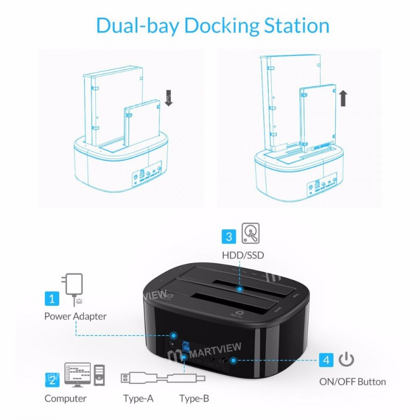 Orico 6228US3 Dual Bay HDD Docking Station with Offline Clone SATA to USB 3.0 for 2.5 / 3.5'' SSD HD