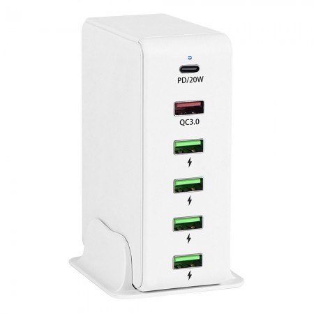 65W Portable 6-Port PD3.0 & QC3.0 Desktop USB Fast Charging Station for Phone / Tablet / Headphone
