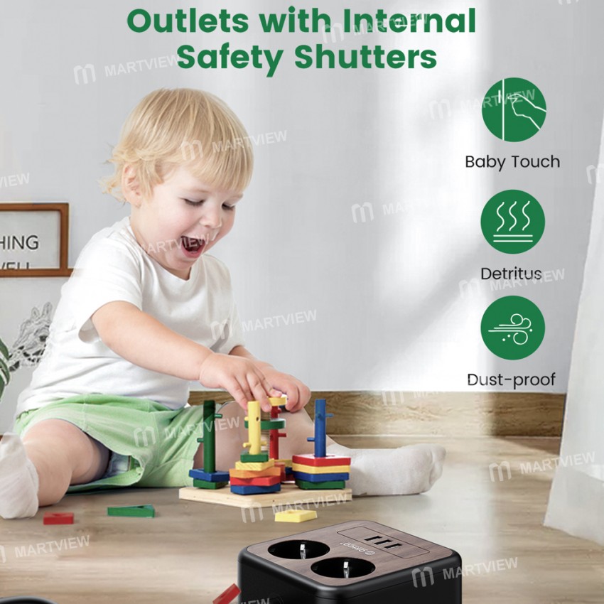 Orico Portable Home Wood Grain Double Sockets Power Strip with 3 USB Ports - EU Plug