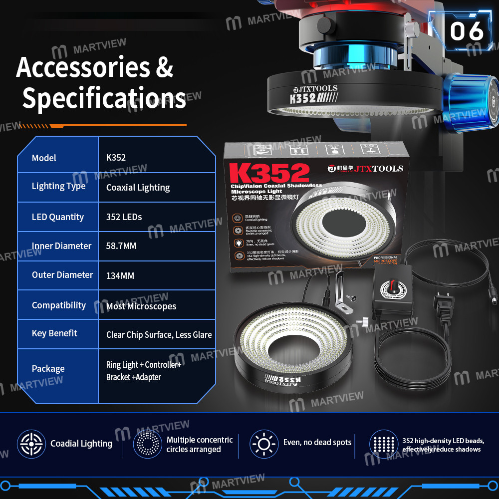 jtx k532-chipvision-352-led-beads-coaxial-shadowless-microscope-light-for-microscope-soldering-repai