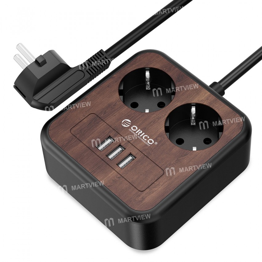 Orico Portable Home Wood Grain Double Sockets Power Strip with 3 USB Ports - EU Plug