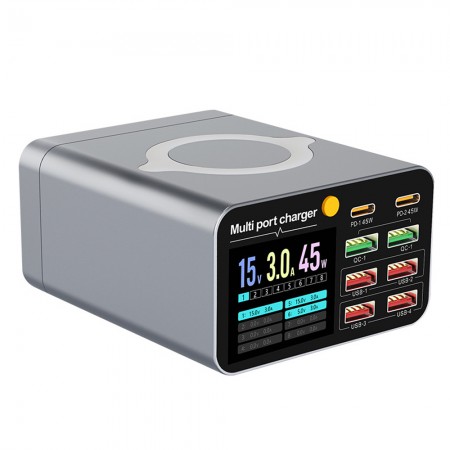 WLX-M2 80W High Power 8-Port Digital Desktop Charger with Wireless Charger for Phones / Laptops