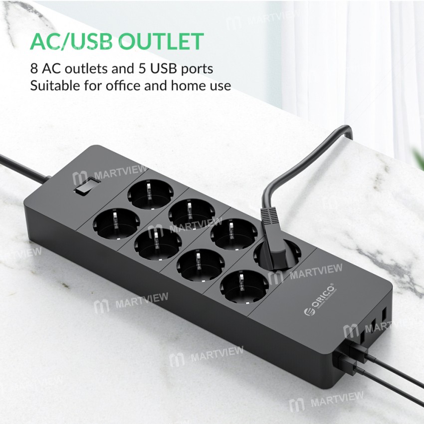 Orico HPC-8A5U 8 AC Outlets Surge Protector Power Strip with 5 USB Ports for Home Office - EU Plug