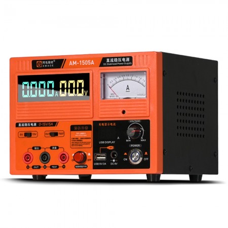 Amaoe AM-1505A 15V / 5A DC Regulated Digital Display Power Supply with Pointer Ammeter Can Burn Machine