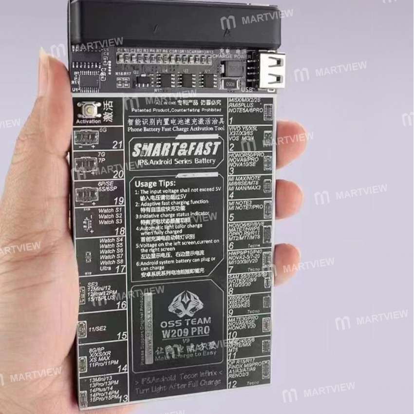oss w209-pro-v9-battery-charging-activation-board-for-iphone-6-to-15pro-max-and-android-phone-5