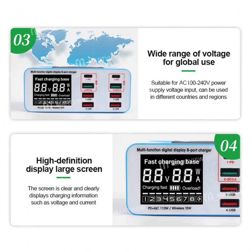Relife RL-304S 8-port Multi-functional USB Smart Charger Support QC 3.0 Wireless Charging
