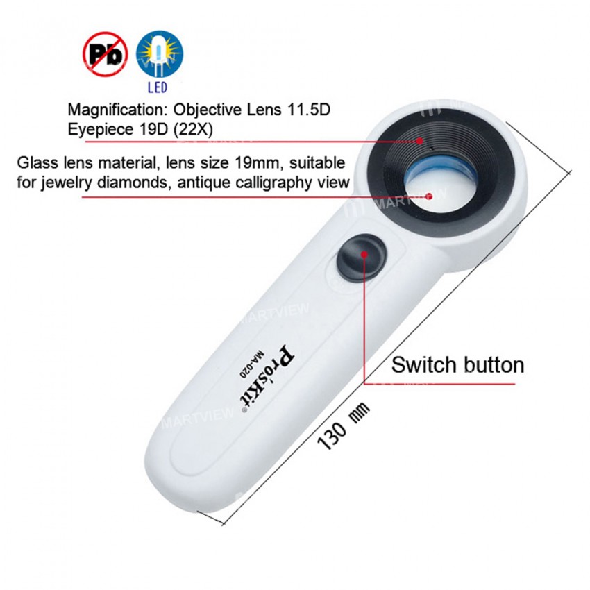 Pro'sKit MA-020 Hand Hold 22X High-Expansion Magnifying Glass with LED Light