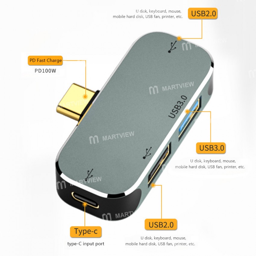 Multi-function 6-in-1 Type-C to USB3.0 Extender Hub