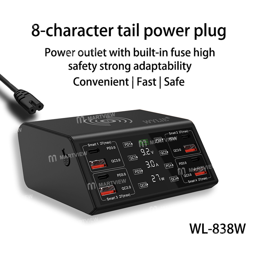 wylie wl-838w-100w-smart-multi-port-fast-charger-supports-qc-pd-fast-charging-15w-wireless-charging-