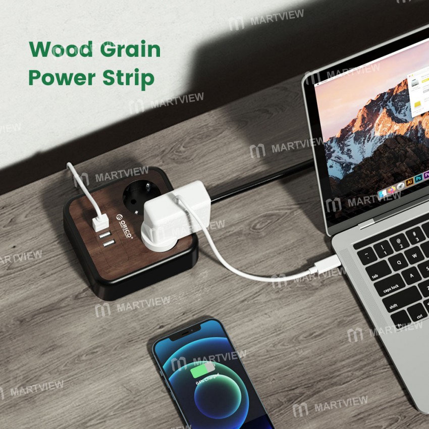 Orico Portable Home Wood Grain Double Sockets Power Strip with 3 USB Ports - EU Plug
