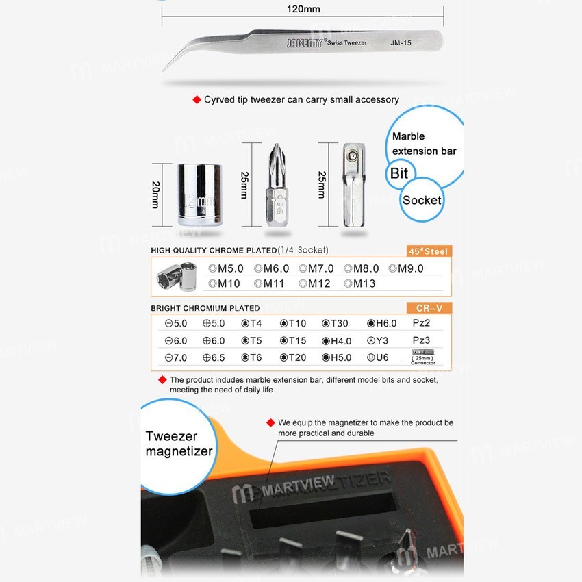 JAKEMY JM-6118 (33 in 1) Precision With Screwdriver Tweezer Sockets Bits Tools Kit Screw driver