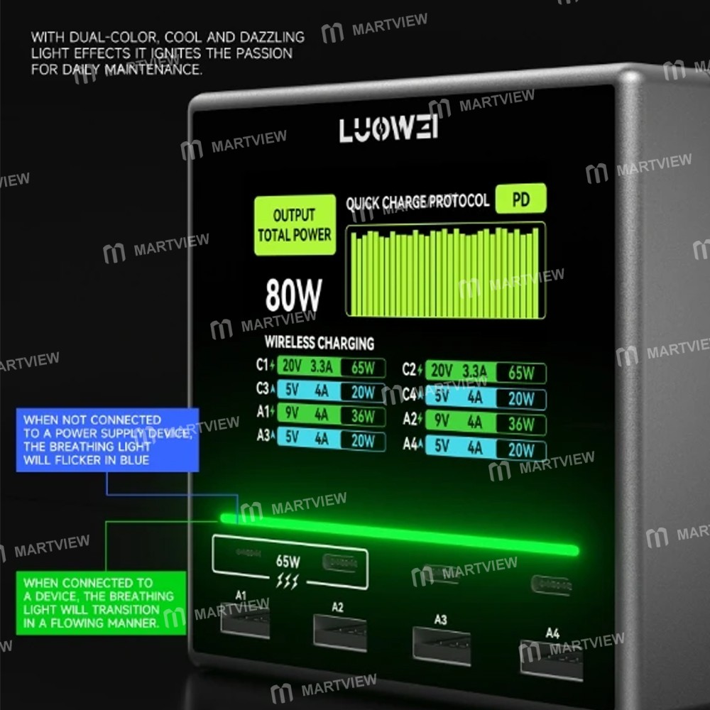 luowei u1-mini-80w-raptor-8-ports-usb-type-c-color-screen-charger-station-no-wireless-charging-6
