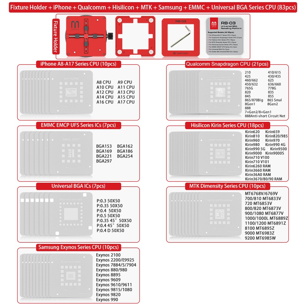fixture holder-iphone--qualcomm--hisilicon--mtk--samsung--emmc--universal-bga-series-cpu-83pcs