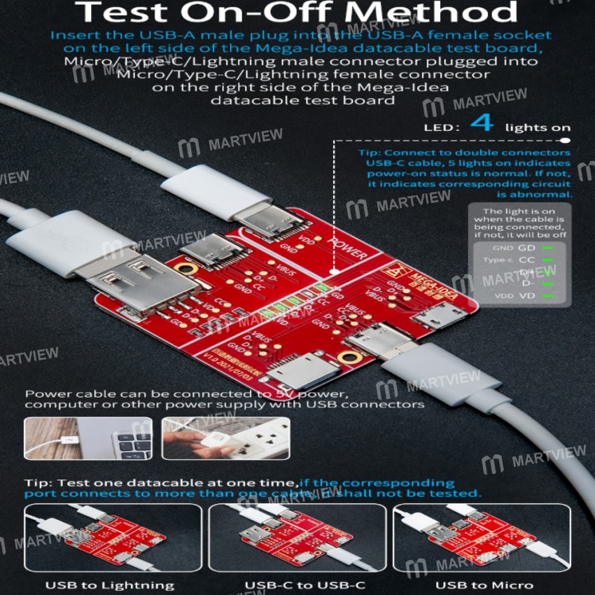 Mega-idea Quick Data Cable Switching Test Board for iPhone / Type-c / Android
