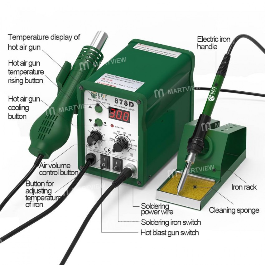 Best 878D 2-in-1 Adjustable Temperature Hot Air Gun with Electric Soldering Iron Rework Station