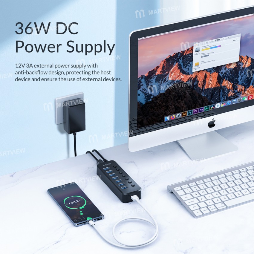 Orico SWU3-7A 7-Port High-speed USB 3.0 Split Control Hub With Power Adapter Support BC1.2 Charging