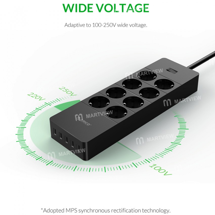 Orico HPC-8A5U 8 AC Outlets Surge Protector Power Strip with 5 USB Ports for Home Office - EU Plug