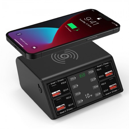 100W LED 8-Port USB QC PD Quick Charging Wireless Charger for iPhone / iPad / Samsung / Xiaomi