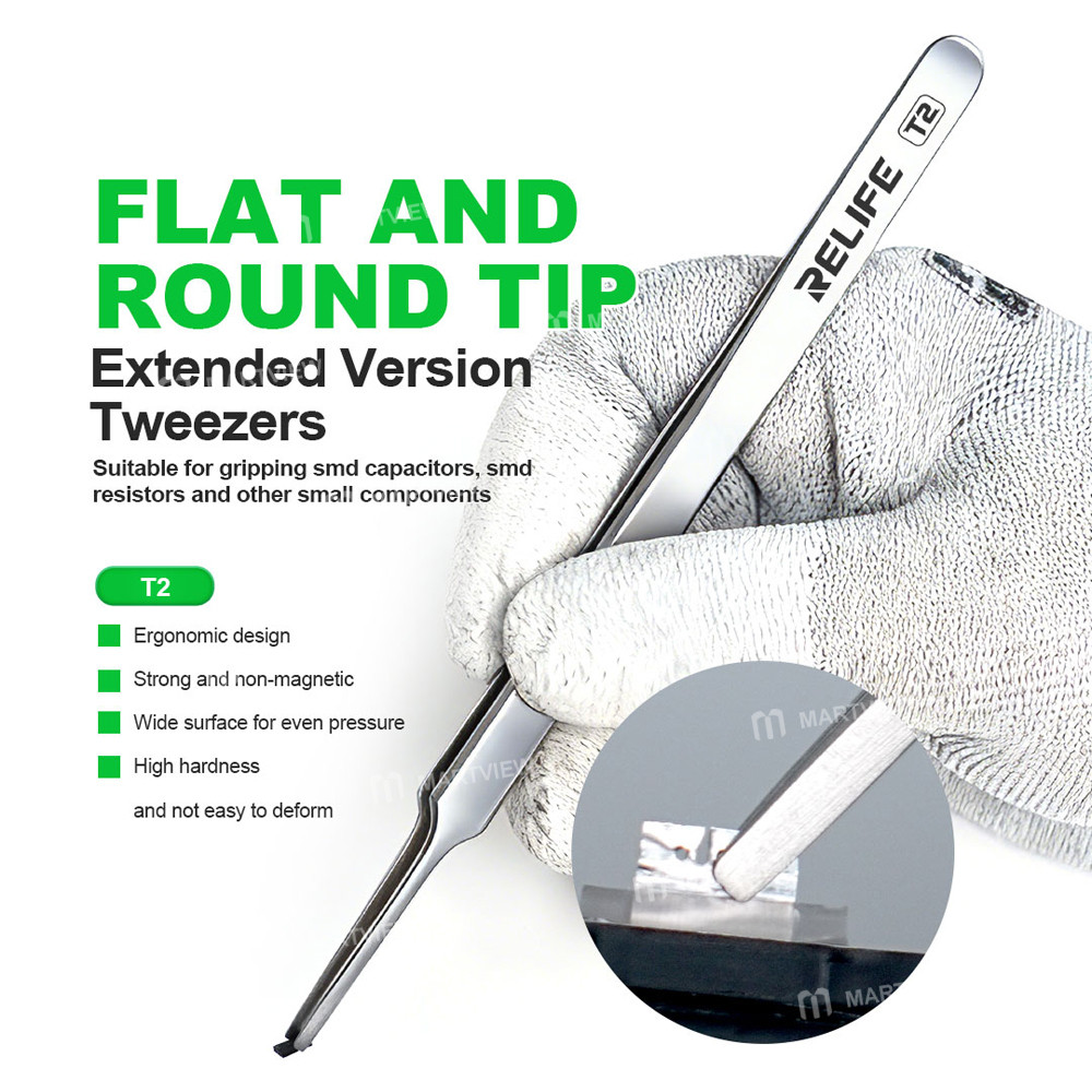 relife t2-extended-anti-magnetic-flat-round-tip-tweezers-for-smd-electronics-component-handling-4