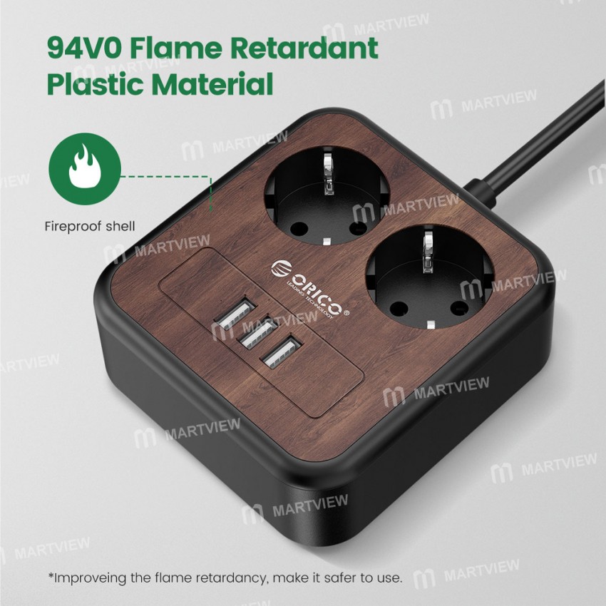 Orico Portable Home Wood Grain Double Sockets Power Strip with 3 USB Ports - EU Plug