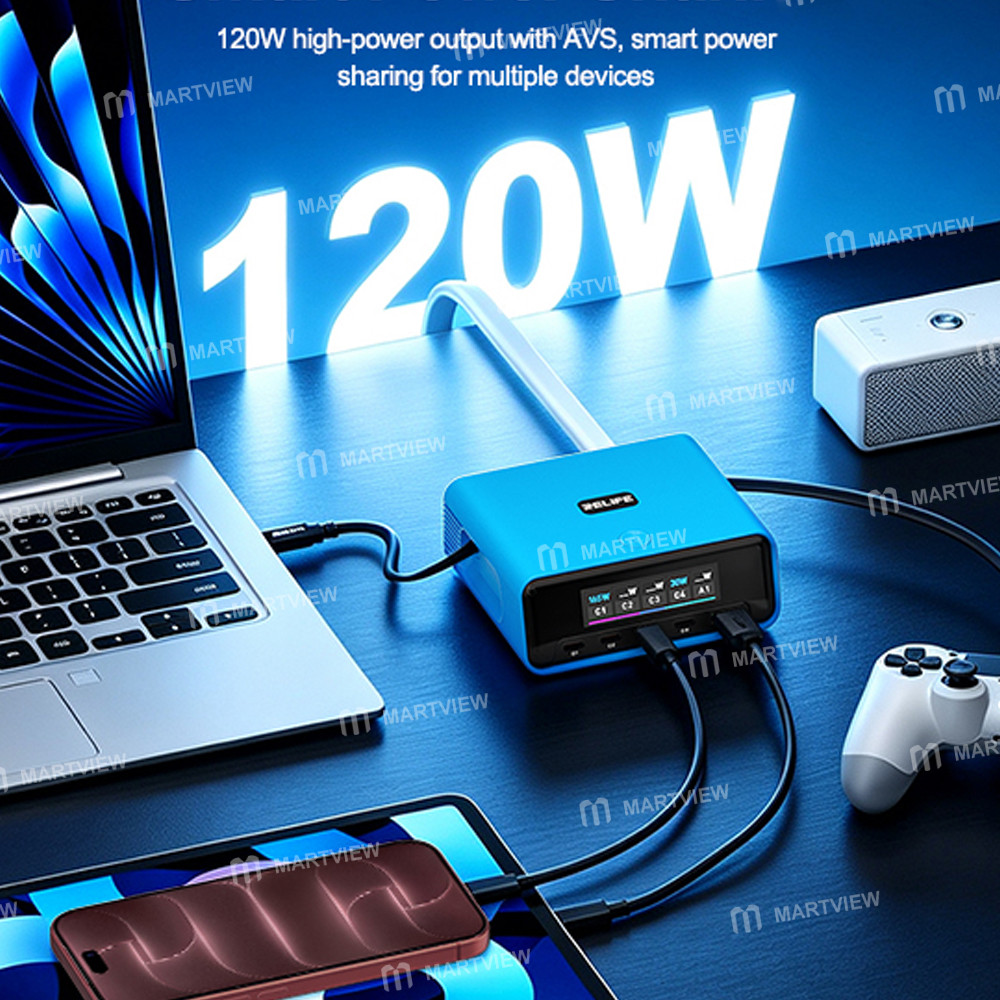 relife q8-pro-120w-gan-multi-port-charger-with-retractable-type-c-cable-compatible-with-avs-dynamic-