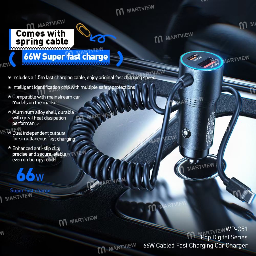 wekome wp-c51-pop-digital-series-66w-cabled-car-fast-charger-2