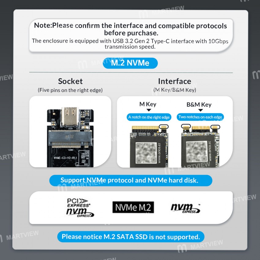 Orico MM2C3-G2 USB3.1 Gen2 Type-C 10Gbps M.2 NVMe / SATA Solid State Drive Enclosure
