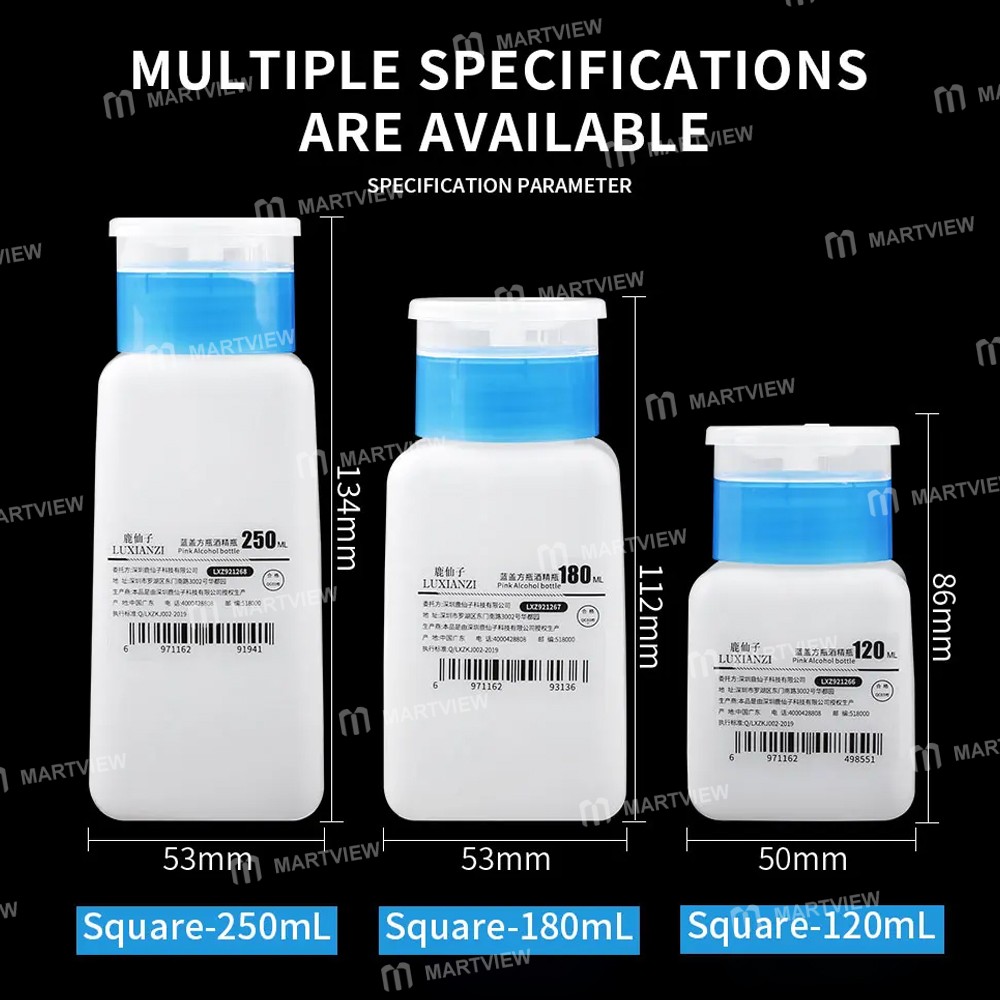 luxianzi 120-180-250ml-multi-capacity-blue-cap-square-bottle-push-up-plastic-alcohol-bottle-3